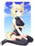  bad_id blonde_hair bodysuit charlotte_dunois fox_ears fox_tail infinite_stratos keito_(kazamatuli) kemonomimi_mode long_hair pilot_suit purple_eyes senoo_aoi solo tail thigh-highs thighhighs violet_eyes 