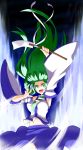  absurdres arm_up breasts detached_sleeves floating_hair gohei green_eyes green_hair highres iwanori japanese_clothes kochiya_sanae large_breasts laughing long_hair midriff miko navel open_mouth smile snake solo touhou upskirt wide_sleeves wind 