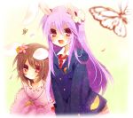  :3 animal_ears bad_id blazer brown_hair bunny_ears butterfly carrot crescent fading_borders flower hair_flower hair_ornament hetaling inaba_tewi jewelry leaning_forward long_hair multiple_girls open_mouth pendant purple_hair red_eyes reisen_udongein_inaba shin_(hetaling) short_hair smile touhou 