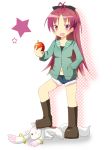  apple boots food fruit holding holding_apple holding_fruit kyubey kyuubee long_hair mahou_shoujo_madoka_magica ponytail red_eyes red_hair redhead sakura_kyouko solo sr_soba 