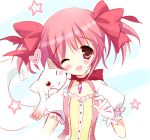  blue_eyes bust choker gloves hair_ribbon hair_ribbons jewelry kaname_madoka kyubey kyuubee lowres mahou_shoujo_madoka_magica mamita pendant pink_eyes pink_hair ribbon short_hair star twintails white_gloves wink 