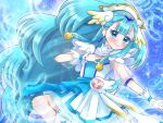  1girl blue_background blue_eyes blue_hair blue_theme blush cure_ange dress earrings eyelashes feathers hair_ornament hair_wings hand_on_own_chest highres hugtto!_precure jewelry long_hair looking_at_viewer magical_girl pouch precure shiny shiny_hair short_dress smile solo sparkle thick_eyelashes umiyuki_(umi_chu) very_long_hair white_dress wrist_cuffs yakushiji_saaya 
