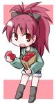  apple bag blush boots chibi denim denim_shorts fang food fruit holding holding_apple holding_fruit kugelschreiber long_hair mahou_shoujo_madoka_magica open_mouth paper_bag ponytail red_eyes red_hair redhead sakura_kyouko shorts solo 