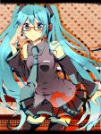  aqua_eyes aqua_hair bad_id bespectacled colored detached_sleeves glasses hatsune_miku headphones high_res highres long_hair glasses necktie skirt solo tamana thigh-highs thighhighs twintails very_long_hair vocaloid zettai_ryouiki 
