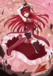  :d armpits black_legwear boots chain chains detached_sleeves highres jumping knee_boots long_hair magical_girl mahou_shoujo_madoka_magica nuko_(mikupantu) open_mouth red_eyes red_hair redhead sakura_kyouko skirt smile solo thigh-highs thighhighs zettai_ryouiki 