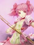  bad_id bow_(weapon) bust choker gloves helpriver highres kaname_madoka magical_girl mahou_shoujo_madoka_magica pink_eyes pink_hair puffy_sleeves short_hair simple_background twintails weapon white_gloves 