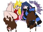  2girls barefoot blonde_hair chocolate dress feet foreshortening frown goth jewelry kuma_kichi multicolored_hair multiple_girls nail_polish panty_&amp;_stocking_with_garterbelt panty_(character) panty_(psg) smile smirk stocking_(character) stocking_(psg) striped striped_thighhighs thigh-highs two-tone_hair valentine 