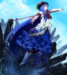  blue_hair boots broken_ground embellished_costume food frills fruit gathers hat high_heels highres hinanawi_tenshi long_hair outstretched_hand peach pinky_out rby red_eyes shikihara_mitabi shoes solo sword sword_of_hisou touhou weapon 
