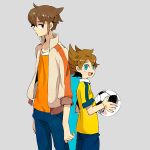  ball blue_eyes brown_eyes brown_hair endou_mamoru inazuma_eleven inazuma_eleven_(series) inazuma_eleven_go jacket male matsukaze_tenma multiple_boys short_hair simple_background soccer_ball soccer_uniform telstar tomo10 