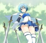  blue_eyes blue_hair ekra field_of_blades from_below frown hand_on_hip hips mahou_shoujo_madoka_magica miki_sayaka outstretched_hand panties short_hair solo striped striped_panties sword thigh-highs thighhighs underwear weapon white_legwear white_thighhighs 