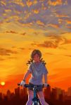  bicycle blonde_hair cityscape cloud clouds drill_hair fingerless_gloves gloves highres light_smile mahou_shoujo_madoka_magica mountain_bicycle shorts sky solo sun sunset t-shirt tears thigh-highs thighhighs tomoe_mami white_legwear white_t-shirt white_thighhighs xiamianliele yellow_eyes zettai_ryouiki 