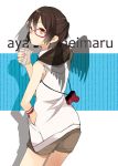  alternate_costume alternate_hairstyle ayase08 bare_shoulders bespectacled camera casual character_name contemporary drink drinking from_behind glasses half_updo hand_in_pocket looking_back pun2 shadow shameimaru_aya shorts sleeveless solo touhou wings 