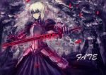  armor armored_dress bad_id blonde_hair dress excalibur fate/stay_night fate_(series) faulds gauntlets hair_bun hair_ribbon petals qin ribbon saber saber_alter slit_pupils solo sword weapon yellow_eyes 