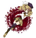  blonde_hair boots drill_hair fingerless_gloves gloves hand_on_chest hand_on_own_chest hand_to_chest hat leaf mahou_shoujo_madoka_magica maple_leaf smile solo thigh-highs thighhighs tomoe_mami yellow_eyes yukot 