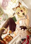  black_legwear black_thighhighs blonde_hair blush book cat_ears corded_phone dutch_angle english funifuni hair_ribbon high_heels highres jewelry kusukoni_melco legs necklace open_book original phone red_eyes ribbon shoes sitting solo tail thigh-highs thighhighs wrist_cuffs 