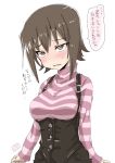  1girl artist_name bangs black_pants blush bob_(you-u-kai) breasts casual clenched_hands commentary_request embarrassed eyebrows_visible_through_hair frown girls_und_panzer half-closed_eyes head_tilt long_sleeves looking_at_viewer medium_breasts nishizumi_maho open_mouth pants shirt short_hair signature simple_background solo standing striped striped_shirt suspenders sweatdrop underbust white_background 