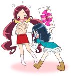  bare_shoulders blue_eyes blue_hair blush boots cfnf clothed_female_nude_female crossed_arms dress embarrassed false_clothes footwear hair_ornament hairpin hanasaki_tsubomi heartcatch_precure! kurumi_erika leaning long_hair multiple_girls no_bra nude precure red_eyes red_hair redhead socks twintails yuuma_(artist) 