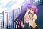  akemi_homura hand_holding holding_hands kakuno kaname_madoka kyubey kyuubee long_hair mahou_shoujo_madoka_magica multiple_girls pink_eyes pink_hair purple_eyes purple_hair school_uniform twintails violet_eyes yuri 