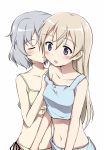  bikini blue_eyes blush brown_hair cheek_kiss closed_eyes eila_ilmatar_juutilainen eyes_closed kiriya kiss lingerie long_hair multiple_girls navel open_mouth sanya_v_litvyak shinashi_(elside) short_hair side-tie_bikini silver_hair simple_background strap_slip strike_witches swimsuit teen teenage underwear yuri 