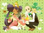  1boy 1girl axew brown_eyes dark_skin deerling dent_(pokemon) food green_eyes green_hair iris_(pokemon) mochi mochi730 pansage petilil pokemon pokemon_(creature) sewaddle snivy wagashi 