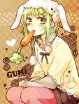  animal_ears animal_hat bad_id bonnet bunny_ears carrot eating green_eyes green_hair gumi hat looking_at_viewer makoto_(roketto-massyumaro) mouth_hold pantyhose pink_legwear short_hair sitting solo vocaloid 