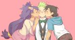  1girl 2boys ash_ketchum bad_id bad_pixiv_id bangs big_hair bisexual_male black_hair blush bow bowtie boy_and_girl_sandwich buttons cilan_(pokemon) closed_eyes dark-skinned_female dark_skin double_cheek_kiss embarrassed flower green_hair hair_flower hair_ornament hands_on_shoulders heart hood hoodie iris_(pokemon) kiss kissing_cheek long_hair low-tied_long_hair mame_(chamame) multiple_boys no_hat no_headwear pokemon pokemon_(anime) pokemon_bw_(anime) ponytail purple_hair sandwiched short_hair simple_background spiked_hair sweatdrop traditional_bowtie twintails two_side_up upper_body very_long_hair vest wince 