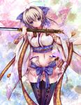  akina_t bare_shoulders black_legwear black_thighhighs blonde_hair blue_eyes breasts character_request head_tilt highres japanese_clothes large_breasts midriff navel sengoku_taisen short_hair solo sword thigh-highs thighhighs weapon 