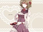  alternate_costume bow character_name doily dress finger_to_mouth flower frilled_sleeves frills gloves green_eyes hair_flower hair_ornament heart karunabaru kazami_yuuka lolita_fashion red_eyes red_rose rose short_hair smile solo touhou valentine wide_sleeves youkai 