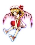  alternate_costume bad_id blonde_hair bow flandre_scarlet footwear frills hat heart long_hair owos red_eyes side_ponytail smile socks solo touhou wings 