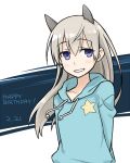  animal_ears arms_behind_back bangs blonde_hair blue_eyes blush bust eila_ilmatar_juutilainen english flat_chest grin hair_between_eyes happy_birthday hoodie long_hair looking_at_viewer parted_bangs samoni_ouka silver_hair smile solo star strike_witches 