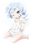  1girl barefoot blue_eyes blue_hair bottomless child cirno grin ham_(points) messy_hair oversized_clothes pointy_ears sitting smile solo tank_top touhou wariza wings wink 