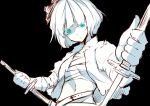  aqua_eyes belt bust dual_wielding katana konpaku_youmu monochrome navel open_clothes open_shirt sarashi scabbard sheath shirt short_hair solo spot_color sword tanto touhou tsuchifumazu unsheathing weapon white_hair 