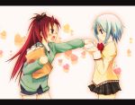  awayuki_tobari blue_eyes blue_hair koumori_usagi letterboxed long_hair mahou_shoujo_madoka_magica miki_sayaka multiple_girls ponytail red_eyes red_hair redhead sakura_kyouko school_uniform short_hair yuri 