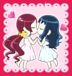  barefoot blue_hair chibi closed_eyes dress eyes_closed hair_ornament hairpin hanasaki_tsubomi hand_holding heart heartcatch_precure! heartcatch_pretty_cure! holding_hands kiss kurumi_erika lace long_hair multiple_girls mutual_yuri precure pretty_cure red_hair redhead sparkle symmetry twintails white_dress yuri yuuma_(artist) 