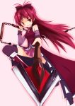  aiming_at_viewer amakumo boots chain chains grin hair_ribbon highres long_hair magical_girl mahou_shoujo_madoka_magica pleated_skirt polearm ponytail pov_aiming red_eyes red_hair redhead ribbon sakura_kyouko simple_background skirt smile solo spear thighhighs weapon 