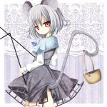 :&lt; animal_ears basket dowsing_rod grey_hair harukaruha jewelry mouse mouse_ears mouse_tail nazrin necklace red_eyes short_hair silver_hair solo tail tail_raised touhou
