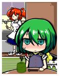  2girls apron blush closed_eyes cup green_eyes green_hair hair_bobbles hair_ornament hat hat_removed headwear_removed kunitori multiple_girls onozuka_komachi open_mouth panda_slippers redhead ribbon shiki_eiki short_hair smile touhou twintails 