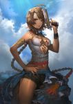  bare_shoulders braid breasts brown_eyes brown_hair cleavage cloud clouds final_fantasy final_fantasy_x final_fantasy_x-2 gun hand_on_hip hips long_hair midriff navel repi987 short_shorts shorts single_braid sky smoke smoking_gun solo stallion_(ioioioi2) sunbeam sunlight weapon yuna 