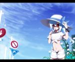  auer bili_bili_douga bili_girl_33 building casual eating flower food front-tie_top hat hat_ribbon letterboxed long_hair midriff navel no_symbol open_fly pole popsicle power_lines red_eyes ribbon road_sign side_ponytail sign sky solo straw_hat sun_hat tied_shirt unzipped watermark wire 