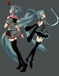  aqua_eyes aqua_hair boots detached_sleeves flower hatsune_miku headphones highres long_hair multiple_girls necktie red_rose rose short_hair skirt soramu thigh-highs thigh_boots thighhighs twintails very_long_hair vocaloid zettai_ryouiki 