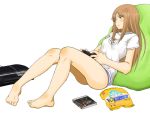  ass bad_feet bare_legs barefoot bottomless brown_eyes brown_hair controller demon&#039;s_souls demon's_souls feet game_controller joy_(joy-max) long_hair natsume_reiko natsume_yuujinchou no_pants nyanko original panties playing_games playstation_3 shirt simple_background sitting solo sony striped striped_panties t-shirt underwear 