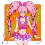  blue_eyes bow cure_melody hair_bow heart highres houjou_hibiki kani_get long_hair magical_girl midriff musical_note navel orange_background pink_hair precure skirt solo staff_(music) suite_precure twintails 