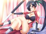  black_hair blazblue blush breasts cleavage crossed_legs glasses hair_ornament large_breasts litchi_faye_ling mikan_(5555) purple_eyes side_ponytail sitting solo violet_eyes 