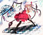  ascot bad_id blonde_hair bow checkered checkered_floor crystal dress flandre_scarlet hair_bow hat highres laevatein open_mouth orange_eyes pigeon-toed pigeon_toed short_hair solo thigh-highs thighhighs touhou wings wrist_cuffs yodori 