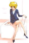  androgynous blonde_hair blue_eyes crossdressing crossdressinging glasses high_heels hunter_x_hunter kurapika male miniskirt reverse_trap shoes short_hair sitting skirt solo teacher trap 