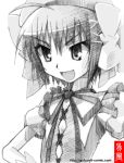  &gt;:) :d ahoge gofu hair_ribbon hands_on_hips haruna_(kore_wa_zombie_desu_ka?) kore_wa_zombie_desu_ka? monochrome open_mouth ribbon short_hair sketch smile solo traditional_media 