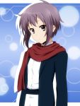  brown_eyes casual cosplay gundam gundam_00 ikari_manatsu nagato_yuki purple_hair scarf setsuna_f_seiei setsuna_f_seiei_(cosplay) short_hair solo suzumiya_haruhi_no_yuuutsu 