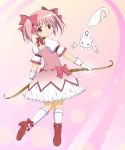  blush brown_eyes choker from_behind gloves hair_ribbon hair_ribbons highres kaname_madoka kneehighs kyubey kyuubee looking_back mahou_shoujo_madoka_magica mary_janes pink_eyes pink_hair red_ribbon ribbon short_hair smile takamin_apaman twintails weapon white_gloves white_kneehighs white_legwear 