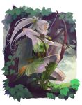  archery armpits arrow bow_(weapon) cape copyright_request dress elf fingerless_gloves gloves high_heels in_tree knife leaf pointy_ears shoes solo squatting thighhighs toes tree urasato weapon white_hair yellow_eyes 