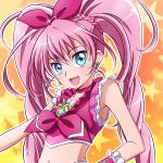  asahi_haru blue_eyes cure_melody earrings heart houjou_hibiki jewelry long_hair magical_girl midriff navel open_mouth orange_background pink_hair precure solo star starry_background suite_precure twintails 